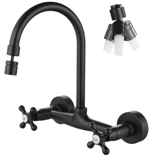 Airuida Wall Mount Kitchen Faucet with Sprayer Wall Mounted Kitchen Sink Faucet Double Cross Handles 360 Degree Swivel Spout Restaurant Mixer Tap Commercial 8 Inch Center-Matte Black - Image 1