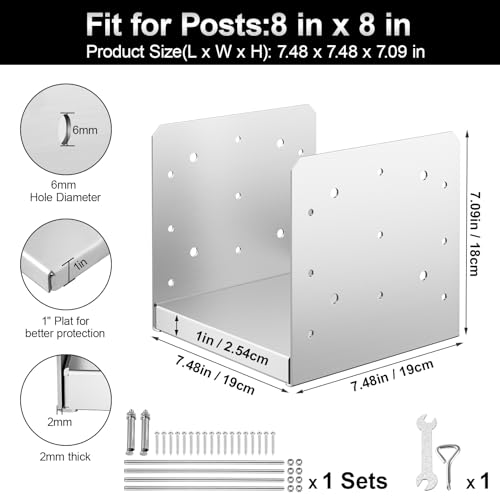FMhotu 8"x 8" Post Base, 1Pcs Stainless Steel Adjustable Post Anchor Bracket(Internal 7.5" x 7.5"), Adjustable Post Base for Pavilion Deck Porch Handrail Railing Support Decorative Anchor Plate - Image 2