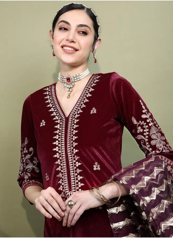 Vishudh Red Embroidered Velvet Kurta Set with Dupatta by Styli