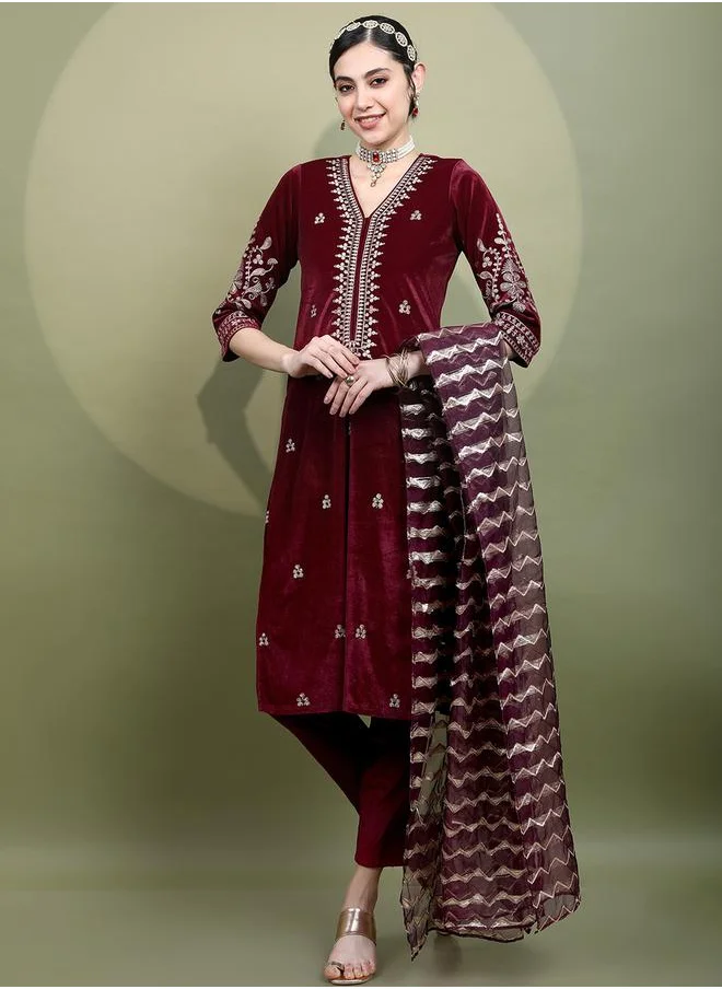 Vishudh Red Embroidered Velvet Kurta Set with Dupatta by Styli