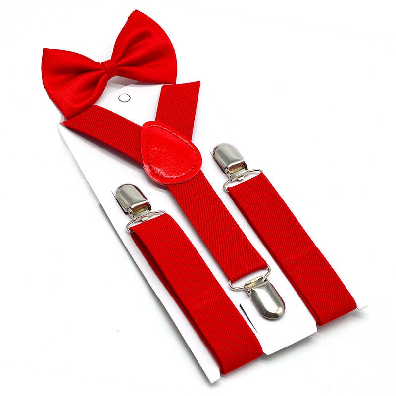 Kids Unisex Solid Y-Back Suspenders Bowtie Set Red 