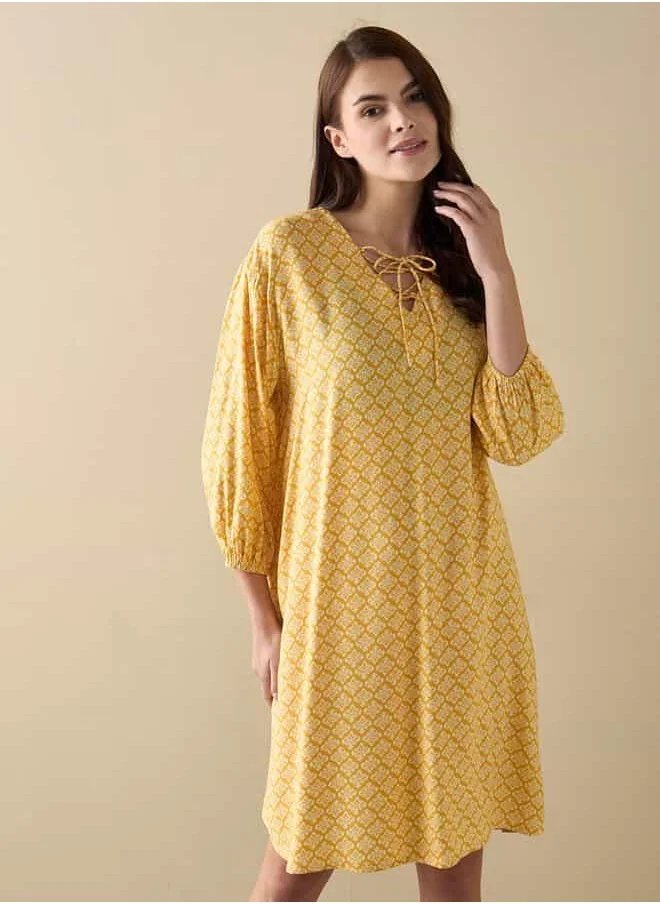 فاف All-Over Print Sleepshirt with Tie-Ups and 3/4 Sleeves