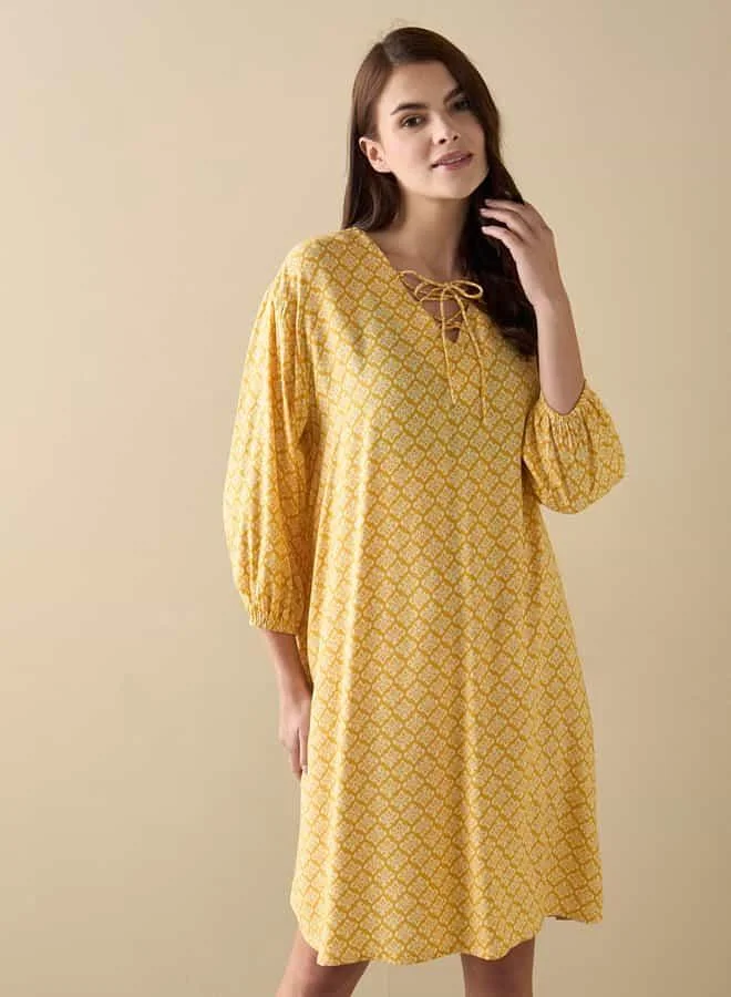 سبلاش فيڤ All-Over Print Sleepshirt with Tie-Ups and 3/4 Sleeves