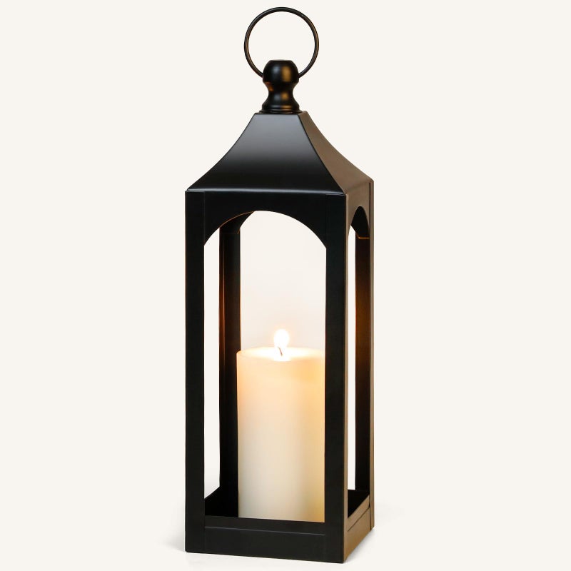 SUJUN Modern Farmhouse Lantern Decor, Black Metal Decorative Hanging Candle Lanterns Ideal for Home Decor, Parties & Events, 15.1" High (No Glass Panel) - Image 1