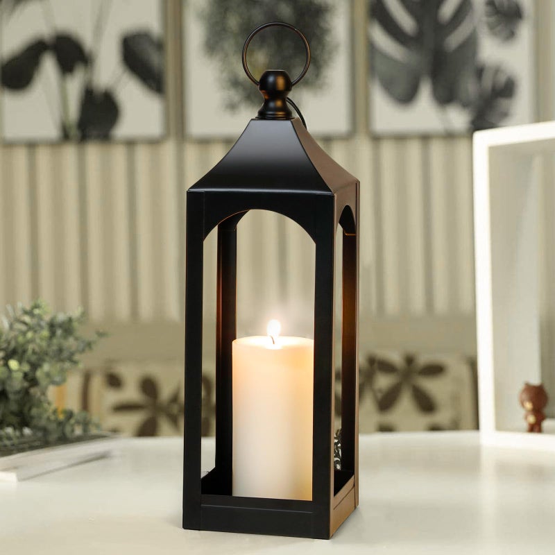 SUJUN Modern Farmhouse Lantern Decor, Black Metal Decorative Hanging Candle Lanterns Ideal for Home Decor, Parties & Events, 15.1" High (No Glass Panel) - Image 4