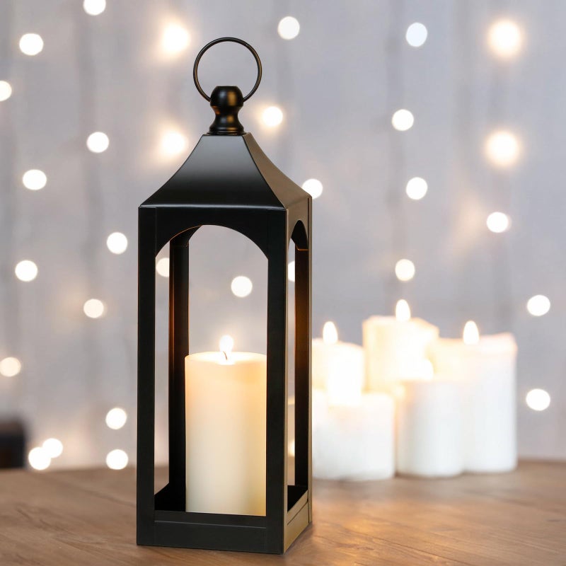 SUJUN Modern Farmhouse Lantern Decor, Black Metal Decorative Hanging Candle Lanterns Ideal for Home Decor, Parties & Events, 15.1" High (No Glass Panel) - Image 3