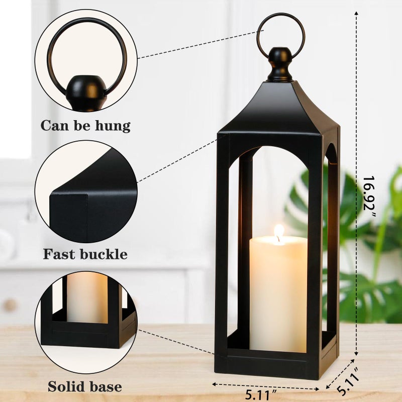 SUJUN Modern Farmhouse Lantern Decor, Black Metal Decorative Hanging Candle Lanterns Ideal for Home Decor, Parties & Events, 15.1" High (No Glass Panel) - Image 2