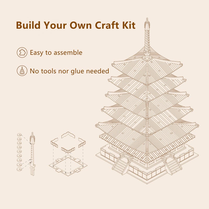 ROBOTIME 3D Puzzle Wooden Craft Kits for Adults DIY Model Building Kit Best Gift for Kids (Five-Storied Pagoda) - Image 2