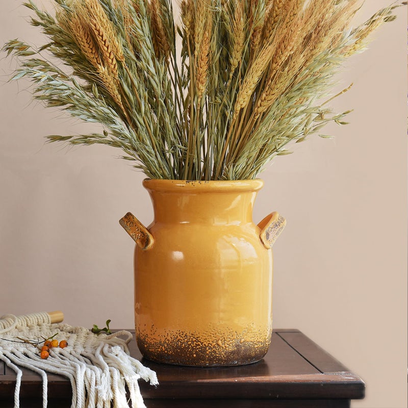 Quoowiit Ceramic Rustic Farmhouse Vase مزهرية زخرفة زخارف زخرفة للمنزل ديكور مثالي ديكور الجرف المزهرية بوهو صفراء لغرفة المعيش - Image 1