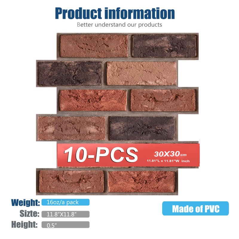 szgwtk 3D Wall Panels Peel and Stick,Faux Brick,Waterproof Self Adhesive Decorative Wall Panelsfor Interior Wall Decor,Living Room,TV Background,Study Room,Fireplace,Bedroom 10 Pcs 30x30cm - Image 4
