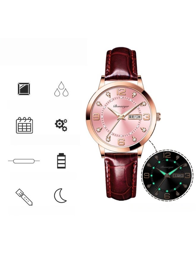 BONARGER Women's Premium Leather Waterproof Luminous Quartz Watch With A Luxurious Feel. - Image 2