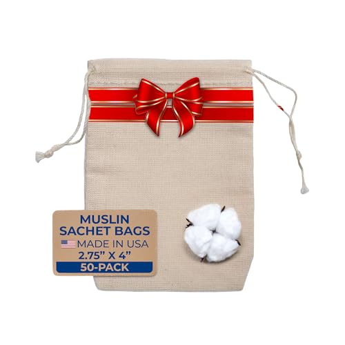 Celestial Gifts Muslin Cotton Bags - Drawstring 50pcs 2.75x4 - Reusable Tea & Jewelry Gift Sachets - 100% Cotton USA Made - (Natural Hem & Drawstring) - Image 1