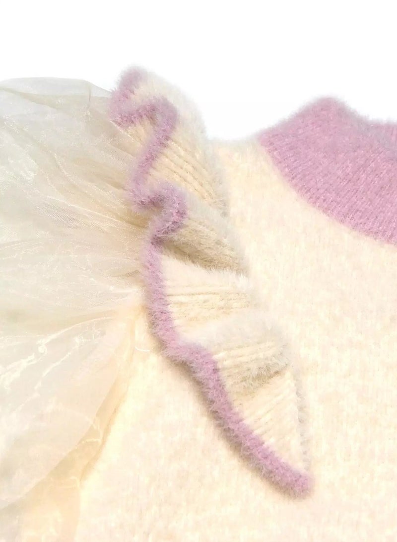 Baby Ruffle Trim Mesh Panel Puff Sleeve Sweater - Image 3