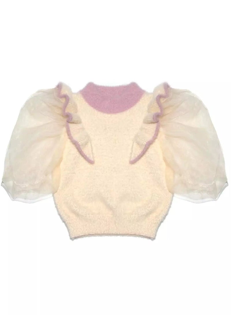Baby Ruffle Trim Mesh Panel Puff Sleeve Sweater - Image 1
