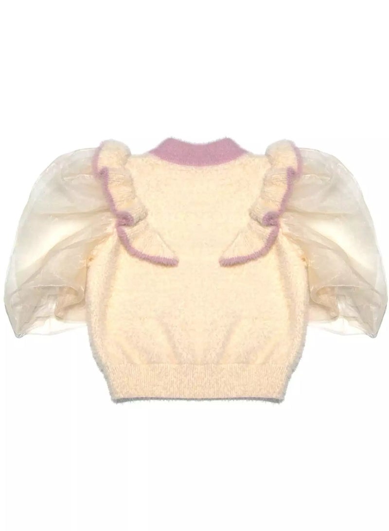 Baby Ruffle Trim Mesh Panel Puff Sleeve Sweater - Image 2