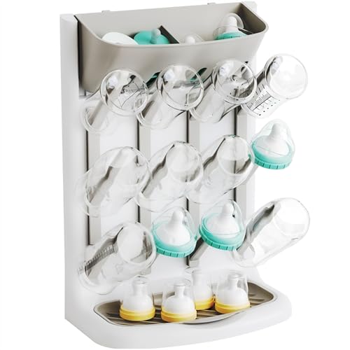 Yieach Larger Vertical Baby Bottle Drying Rack - BPA Free - Space Saving Feeding Bottles Drying Rack Holder for Countertop,Baby Bottle Holder Storage Station for Pacifiers,Pump Accessories Stand,Grey - Image 1