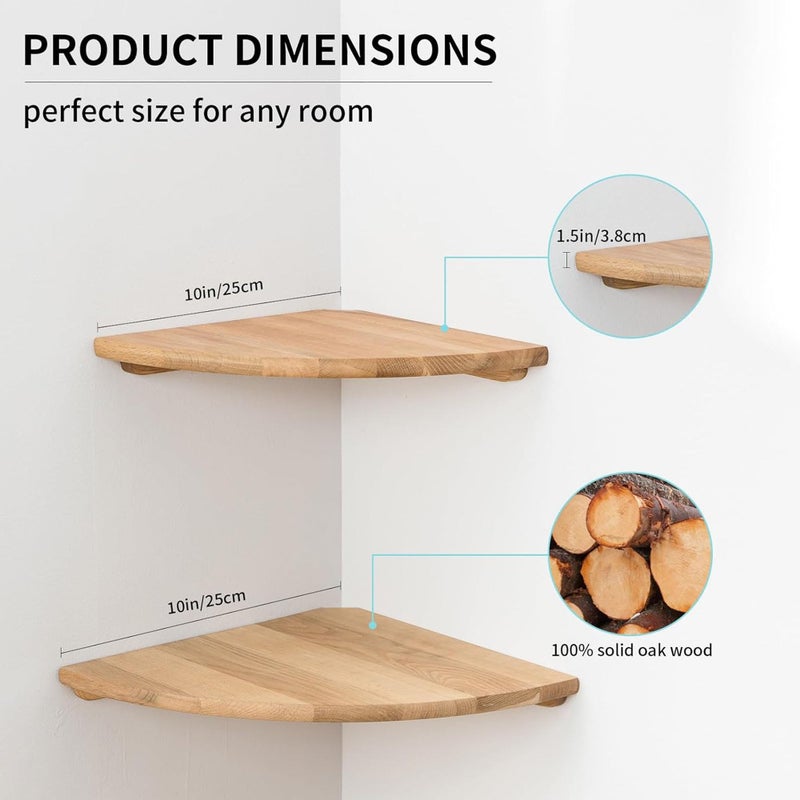 Conamily Corner Shelves, Floating Corner Shelf, Set of 2 10inch Solid Oak Wood Corner Wall Shelves, Round End Wall Mount Display Shelf with Wire Hole for Bedroom Kitchen, Living Room - Image 5