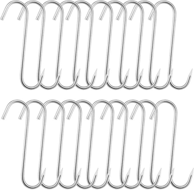 20 PACK 9 INCH MEAT HOOKS 8MM THICK HEAVY DUTY MEAT HOOK STAINLESS STEEL BUTCHER HOOKS MEAT PROCESSING HOOK FOR HANGING BUTCHERING AND SMOKING SILVER