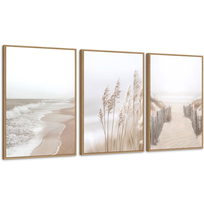 Zessonic Neutral Beach Pampas Grass Wall Art Boho Coastal Canvas Prints Wall Decor, Ocean Shore Landscape Scene Framed Ocean Theme Nature Wilderness Artwork for Living Room Bedroom, Set of 3, 16x24 Inch - Image 1