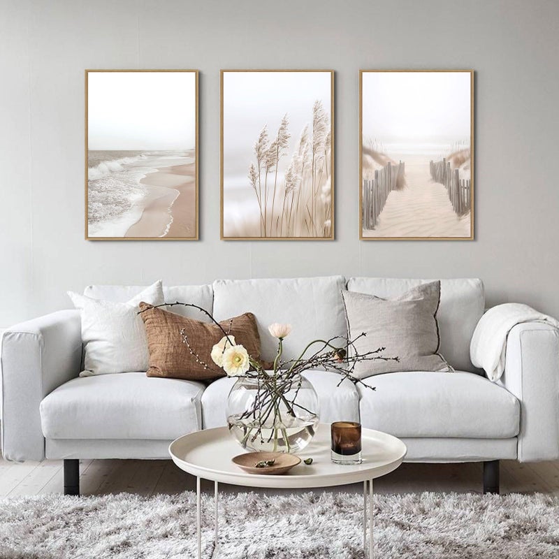 Zessonic Neutral Beach Pampas Grass Wall Art Boho Coastal Canvas Prints Wall Decor, Ocean Shore Landscape Scene Framed Ocean Theme Nature Wilderness Artwork for Living Room Bedroom, Set of 3, 16x24 Inch - Image 4