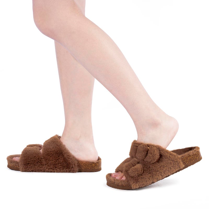 FITORY Womens Open Toe Slipper with Cozy Lining,Faux Rabbit Fur Cork Slide Sandals Brown Size 8 - Image 2
