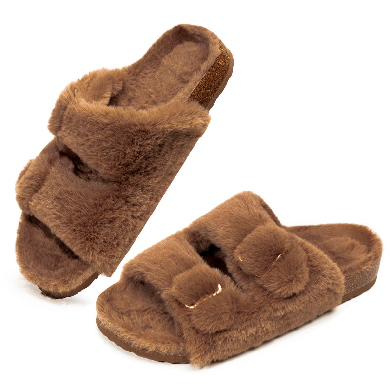 FITORY Womens Open Toe Slipper with Cozy Lining,Faux Rabbit Fur Cork Slide Sandals Brown Size 8 - Image 1