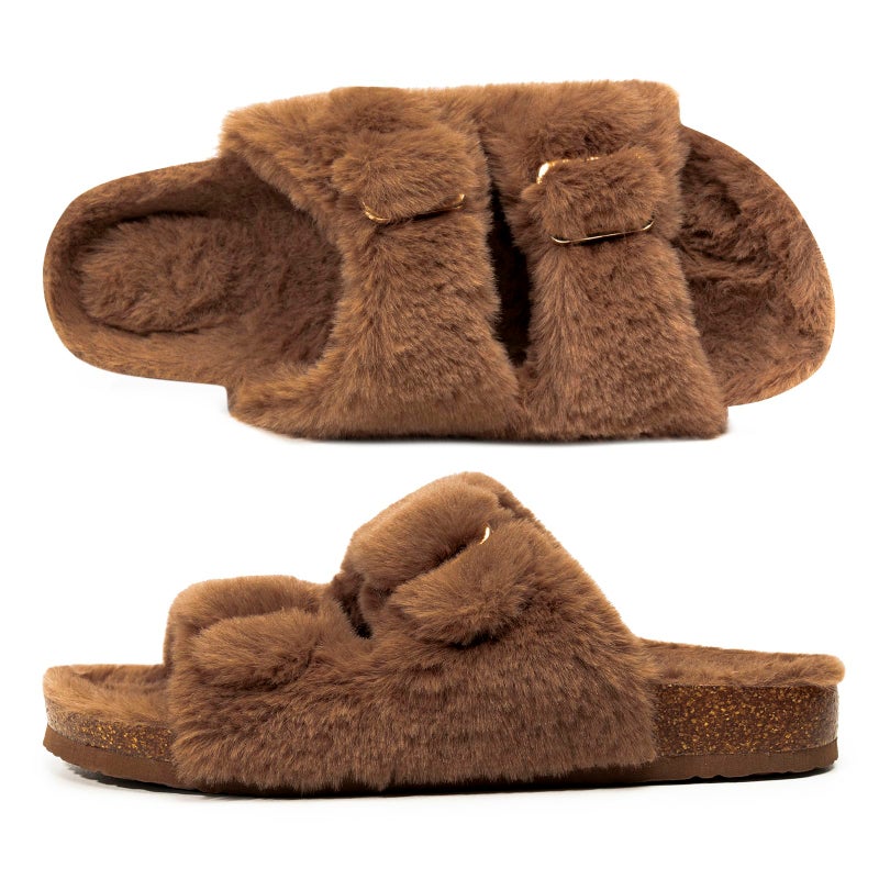 FITORY Womens Open Toe Slipper with Cozy Lining,Faux Rabbit Fur Cork Slide Sandals Brown Size 8 - Image 5