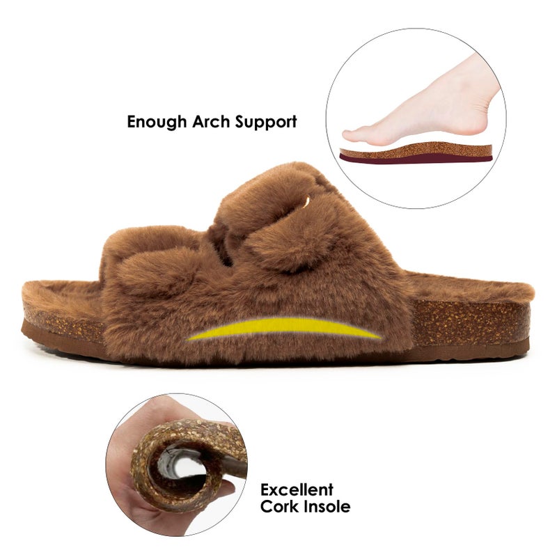 FITORY Womens Open Toe Slipper with Cozy Lining,Faux Rabbit Fur Cork Slide Sandals Brown Size 8 - Image 4
