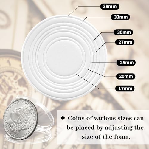 Coidea 63PCS Silver Dollar Coin Holder, Clear Coin Capsules, Coin Holders for Collectors, Plastic Coin Case for Morgan Silver Dollar, Coin Protectors with Adjustable Gasket (17/20/25/27/30/33/38/40mm) - Image 3