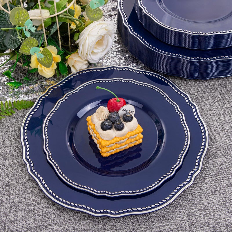 Hioasis 60pcs Blue Plastic Plates - Blue and Silver Disposable Dinnerware with Gold Rim, Heavy-duty, 7.5 inch, Dessert Plates for Party & Christmas - Image 2