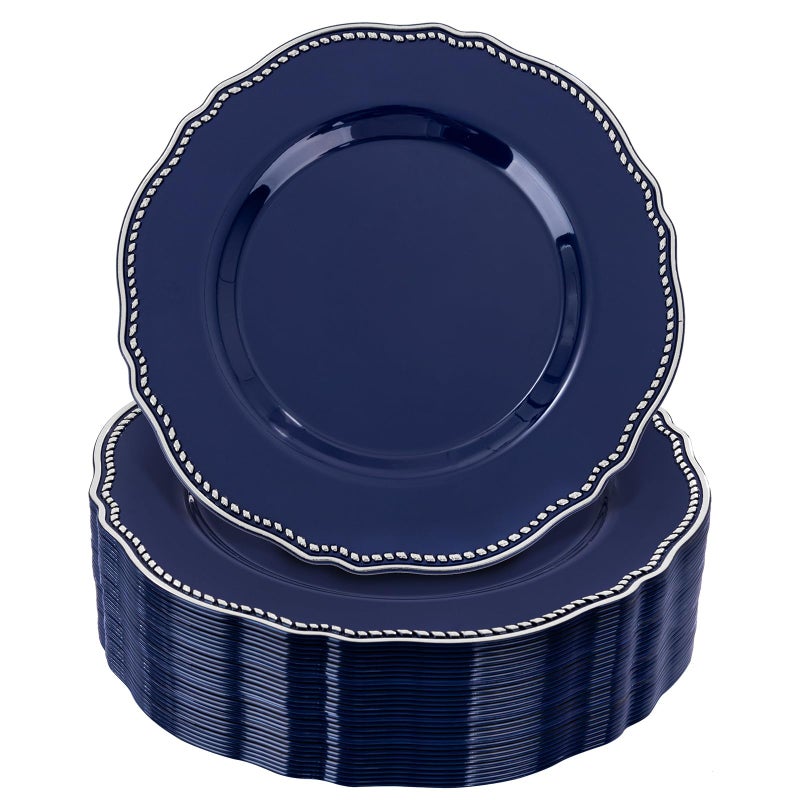 Hioasis 60pcs Blue Plastic Plates - Blue and Silver Disposable Dinnerware with Gold Rim, Heavy-duty, 7.5 inch, Dessert Plates for Party & Christmas - Image 1