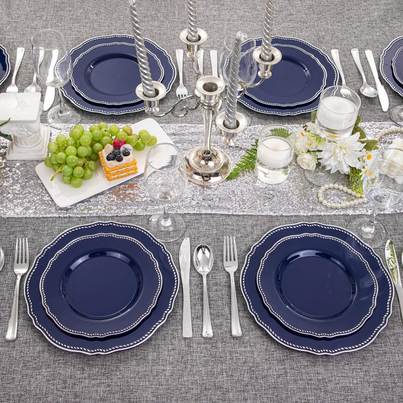 Hioasis 60pcs Blue Plastic Plates - Blue and Silver Disposable Dinnerware with Gold Rim, Heavy-duty, 7.5 inch, Dessert Plates for Party & Christmas - Image 4
