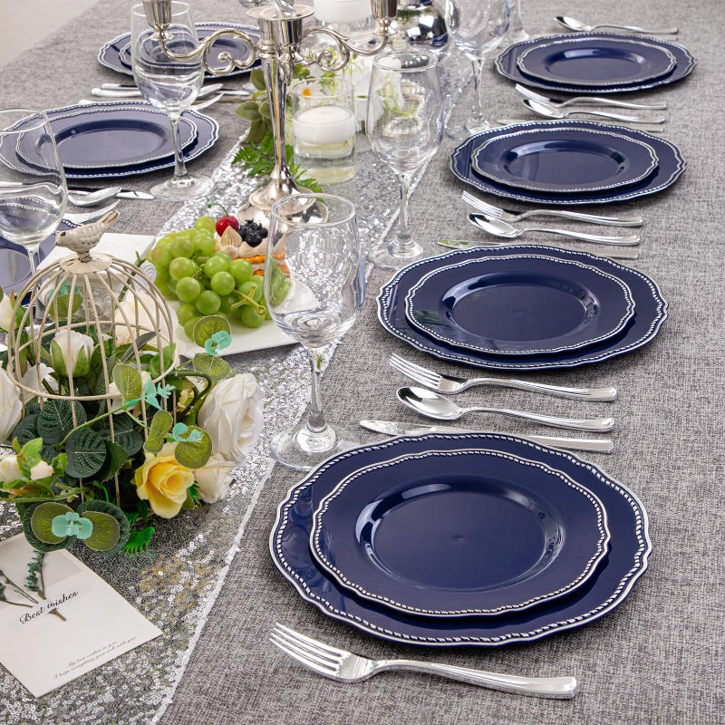 Hioasis 60pcs Blue Plastic Plates - Blue and Silver Disposable Dinnerware with Gold Rim, Heavy-duty, 7.5 inch, Dessert Plates for Party & Christmas - Image 5
