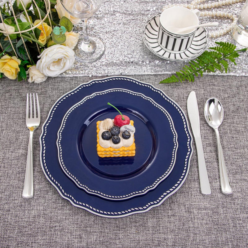 Hioasis 60pcs Blue Plastic Plates - Blue and Silver Disposable Dinnerware with Gold Rim, Heavy-duty, 7.5 inch, Dessert Plates for Party & Christmas - Image 3