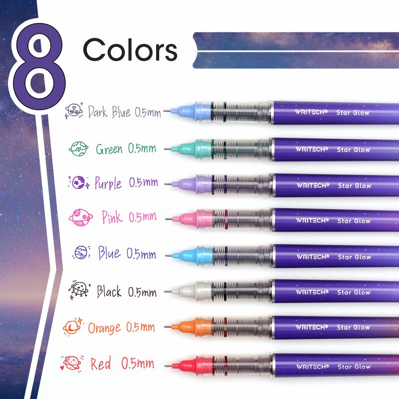 WRITECH Liquid Ink Rollerball Pens: 8ct Assorted Colors Extra Fine Point Tip 0.5mm Roller Ball Rolling Pen for Smooth Writing Coloring Drawing Journaling No Bleed & Smear &Smudge Multi Colored. - Image 2