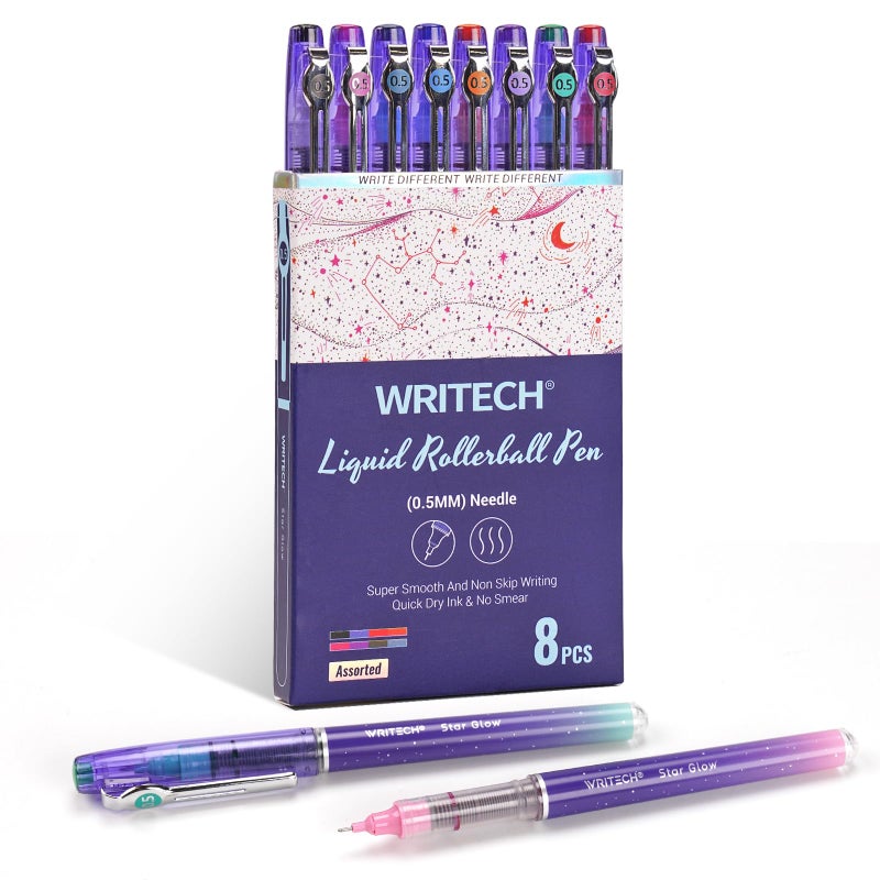 WRITECH Liquid Ink Rollerball Pens: 8ct Assorted Colors Extra Fine Point Tip 0.5mm Roller Ball Rolling Pen for Smooth Writing Coloring Drawing Journaling No Bleed & Smear &Smudge Multi Colored. - Image 1