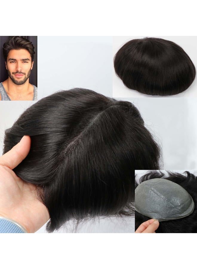 Lumeng Toupee for Men Hair Unit Wig for Men Thin Skin Men's Wig Man Toupee Real Human Hair Pieces Men 1B Off Black Color Man Hair Unit 8x10inch - Image 1