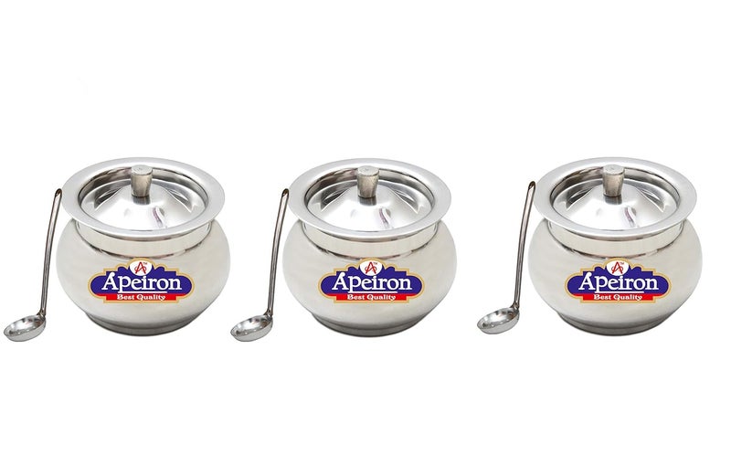 Apeiron Stainless Steel GheeOil Pot with Spoon and Lid 300 ml Pack of 3 Kalash Shape