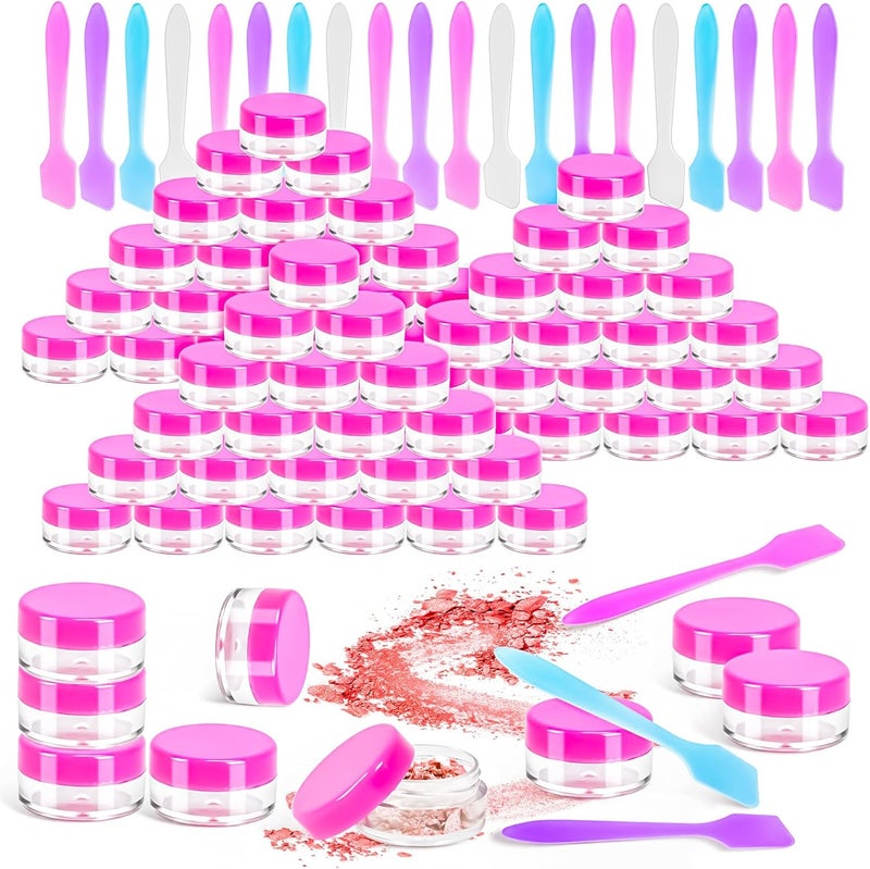 MotBach 70 Pcs 5g Empty Plastic Containers with Pink Lids,Mini Makeup Sample Containers, Small Sample Pot Jars Round Cosmetic Jars with 20Pcs Mini Spatulas for Liquid Sample Powder Creams Lotions