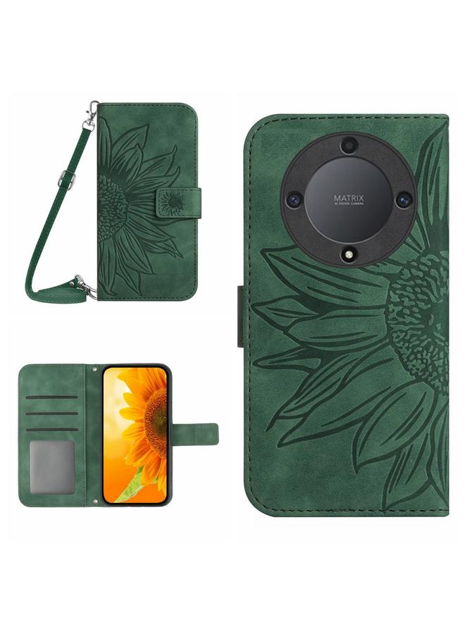 Green Tiger Case For Honor X9b Skin Feel Sun Flower Pattern Leather Phone Case with Lanyard - Image 1