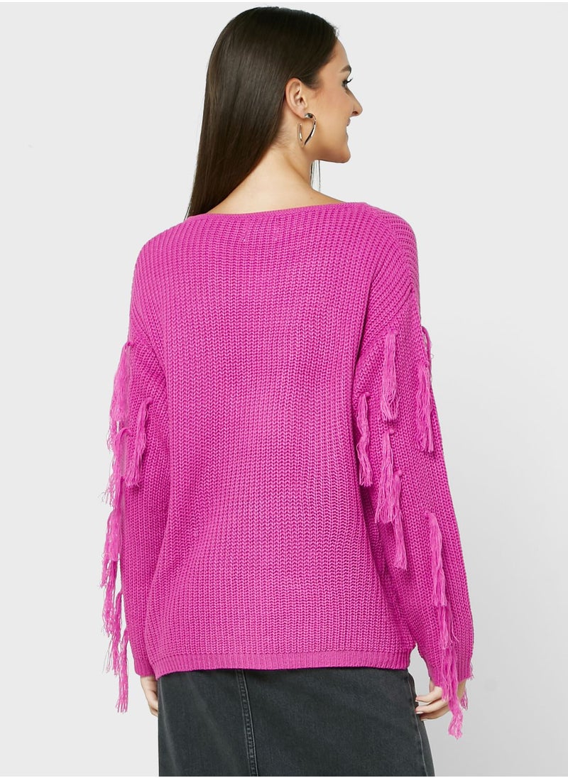 ELLA - Sweater With Fringe Cuff Detailing - Image 1
