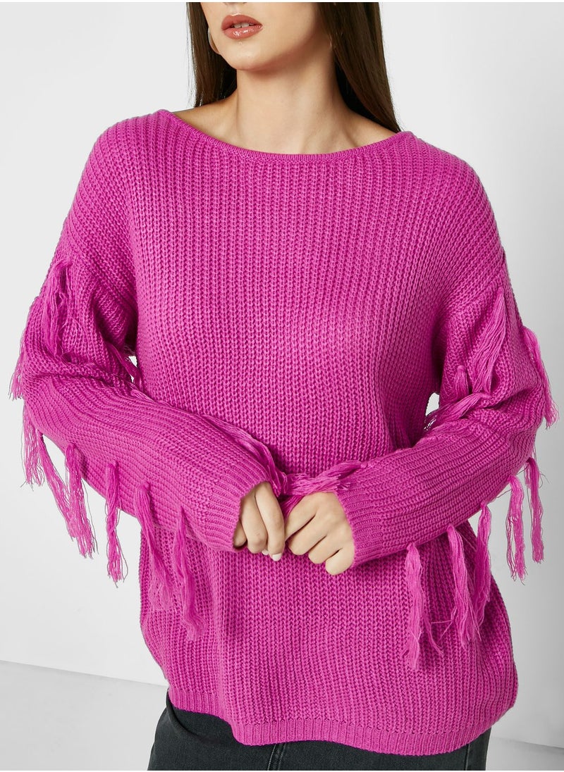 ELLA - Sweater With Fringe Cuff Detailing - Image 1