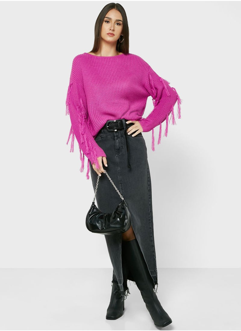 ELLA - Sweater With Fringe Cuff Detailing - Image 1
