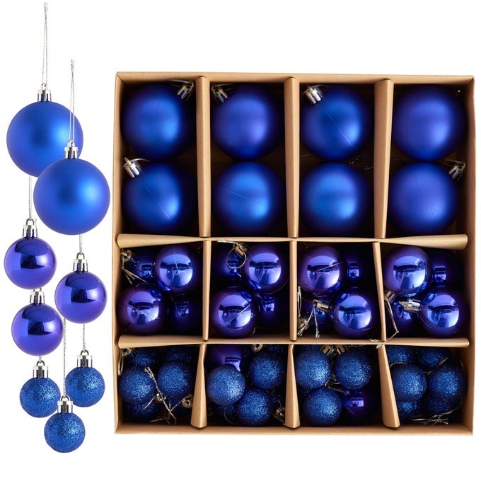 50PACK BLUE CHRISTMAS BAUBLES VARIOUS SIZES AND FINISHES 6CM 4CM 3CM MATTE GLOSSY AND GLITTER DESIGNS FOR TREE DECORATIONS