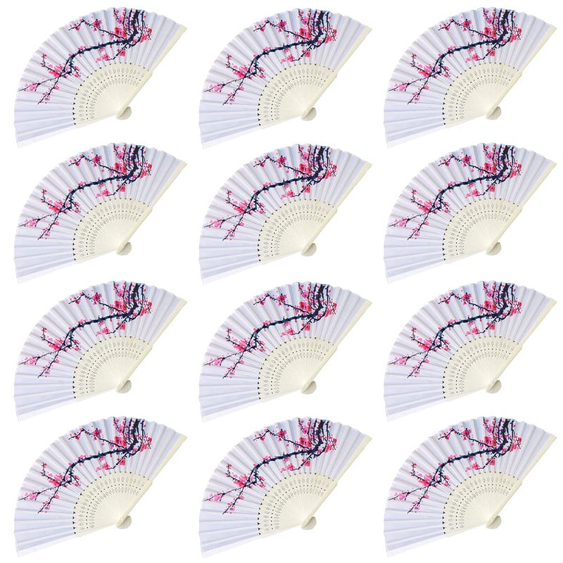 LYART 12PCS Delicate Cherry Blossom Design Silk Folding Hand Fan Wedding Favors GiftsFan Girls Ladies Church Wedding Gift Party Favors DIY Decoration Music Festival Party Parade