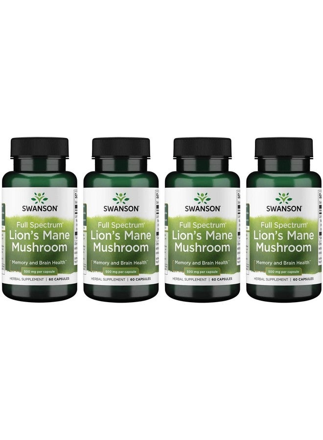 Swanson Lion's Mane Mushroom - Herbal Supplement Promoting Mental Focus, Clarity, & Memory Support - Traditional Brain Booster Supplement (60 Capsules, 500mg Each) 4 Pack - Image 1
