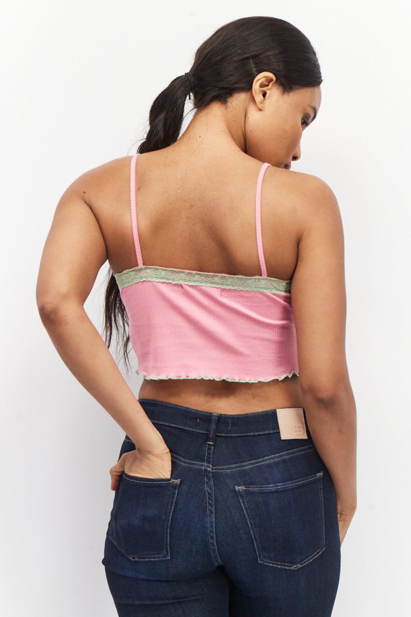 Sinsay Women V-Neck Sleeveless Textured Crop Tops, Pink/Green - Image 2