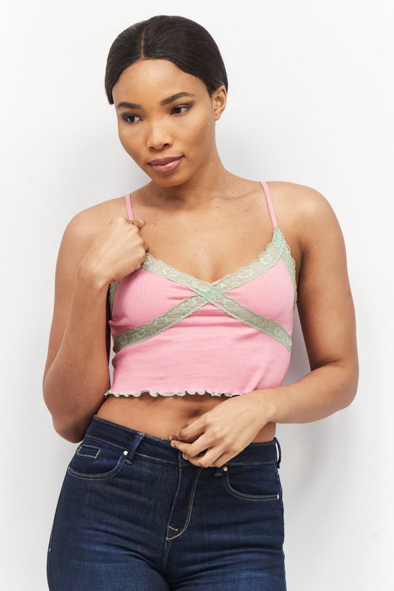 Sinsay Women V-Neck Sleeveless Textured Crop Tops, Pink/Green - Image 1