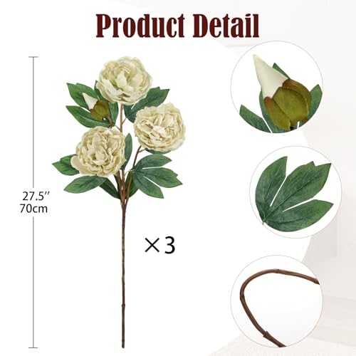 Briful 3 Pack Artificial Peony Flower 27.5" Tall White Silk Peonies Floral Stems Real Touch Faux Peony Flower for Wedding Bouquets Home Floral Arrangements Table Centerpieces DIY Décor - Image 2