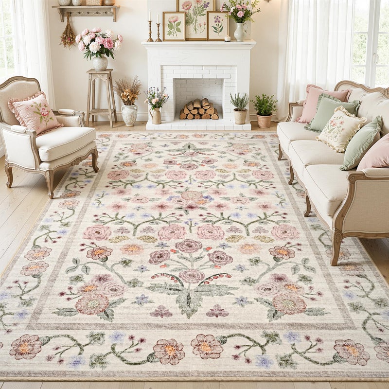 Maxsoft Large Area Rugs for Living Room Bedroom, 5x7 Washable Floral Area Rugs, Non-Slip and Stain Resistant Soft Throw Indoor Carpet for Dining Room Office Kitchen Dorm Home Decor, Pink - Image 1
